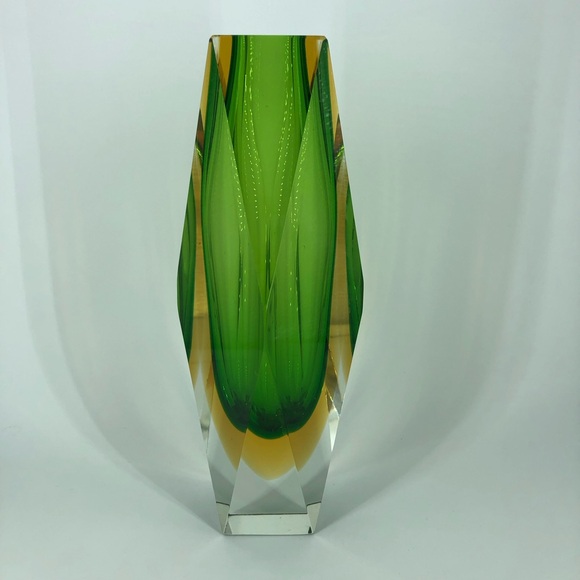 Vintage Murano Mandruzzato Sommerso Faceted Art Glass Green Vase